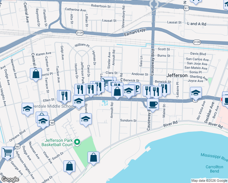 map of restaurants, bars, coffee shops, grocery stores, and more near 605 Arnoult Road in Jefferson