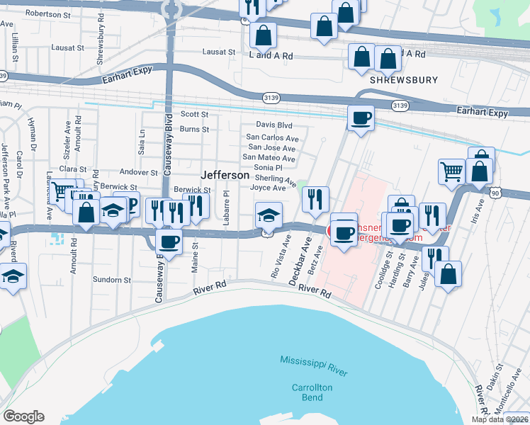 map of restaurants, bars, coffee shops, grocery stores, and more near 2117 Neely Street in Jefferson