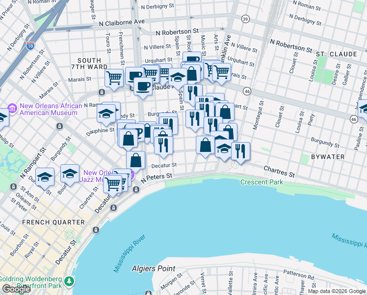 map of restaurants, bars, coffee shops, grocery stores, and more near 2511 Chartres Street in New Orleans