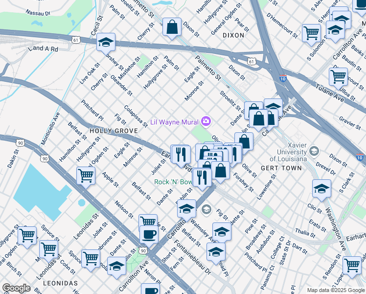 map of restaurants, bars, coffee shops, grocery stores, and more near 8403 Oleander Street in New Orleans