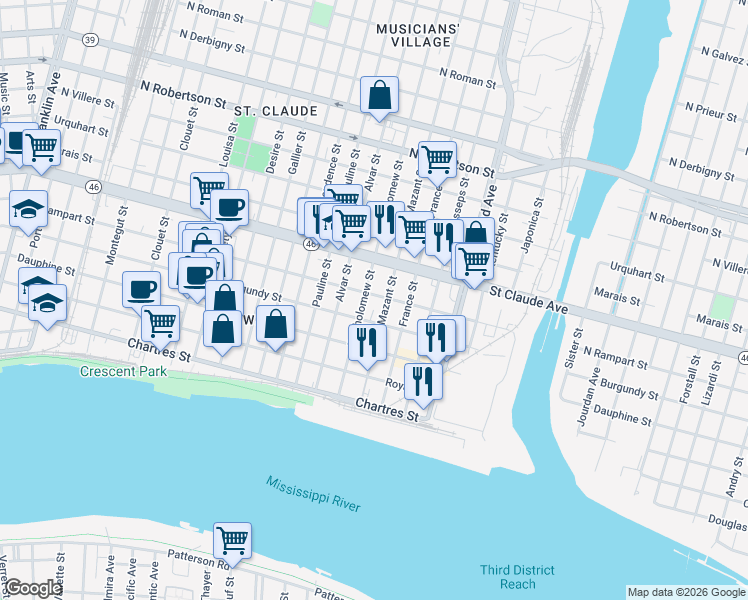 map of restaurants, bars, coffee shops, grocery stores, and more near 924 Bartholomew Street in New Orleans