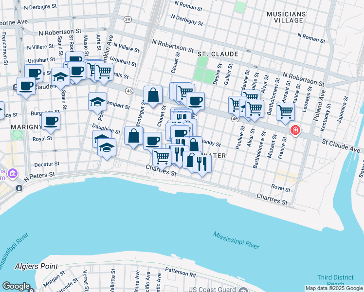 map of restaurants, bars, coffee shops, grocery stores, and more near 3162 Dauphine Street in New Orleans