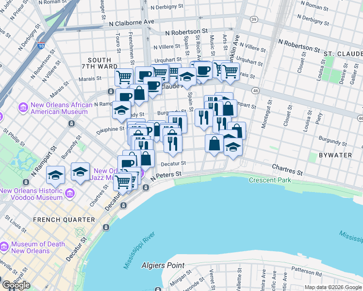 map of restaurants, bars, coffee shops, grocery stores, and more near 611 Mandeville Street in New Orleans