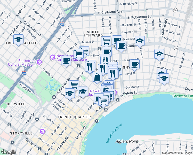 map of restaurants, bars, coffee shops, grocery stores, and more near in New Orleans