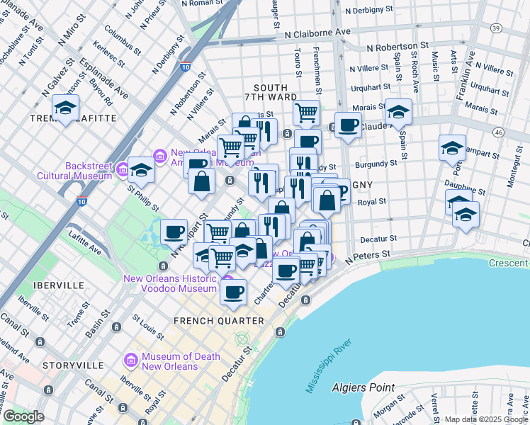 map of restaurants, bars, coffee shops, grocery stores, and more near in New Orleans