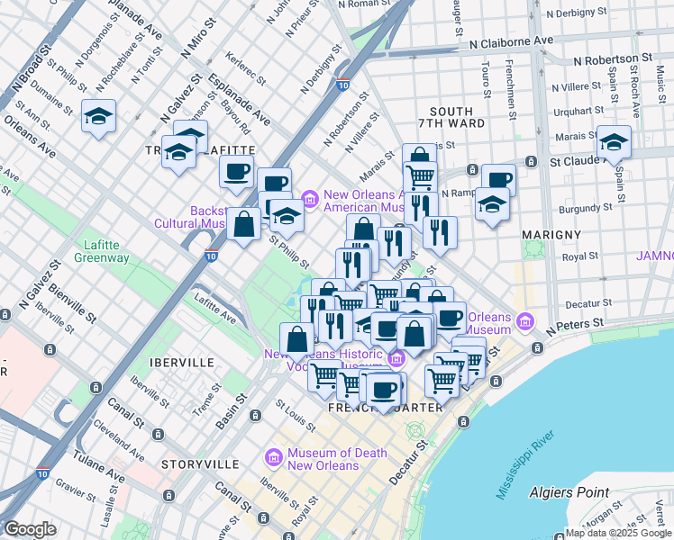 map of restaurants, bars, coffee shops, grocery stores, and more near 1120 Ursulines Avenue in New Orleans