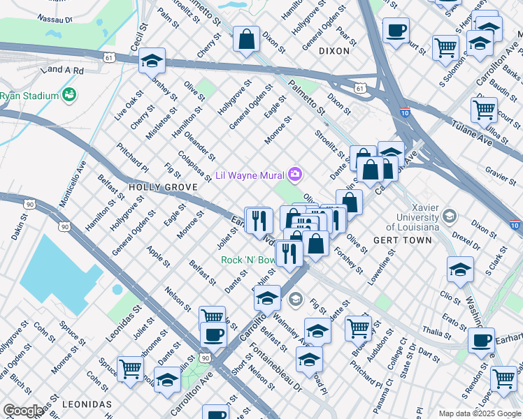 map of restaurants, bars, coffee shops, grocery stores, and more near 8403 Oleander Street in New Orleans