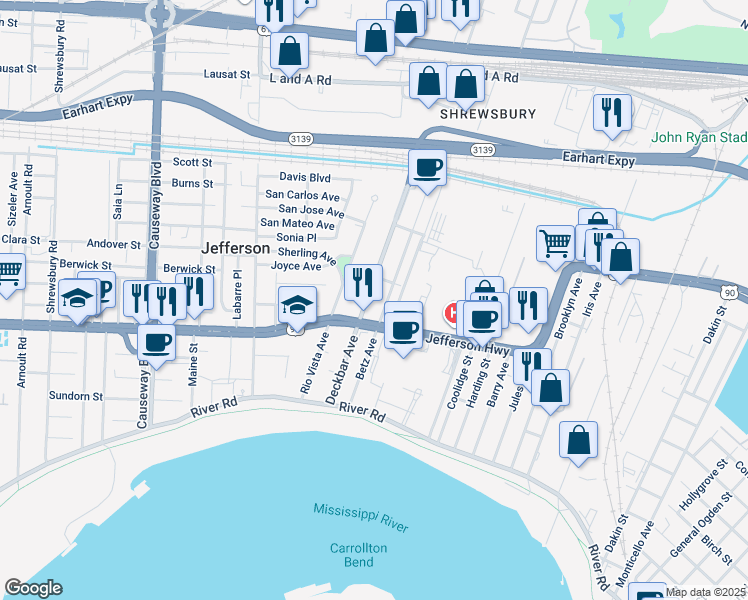 map of restaurants, bars, coffee shops, grocery stores, and more near 322 Betz Avenue in Jefferson