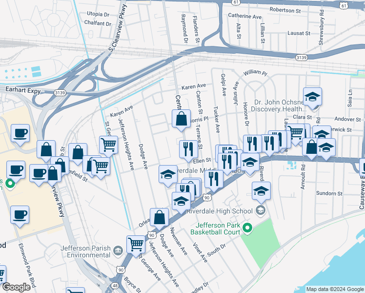 map of restaurants, bars, coffee shops, grocery stores, and more near 625 Central Avenue in Jefferson