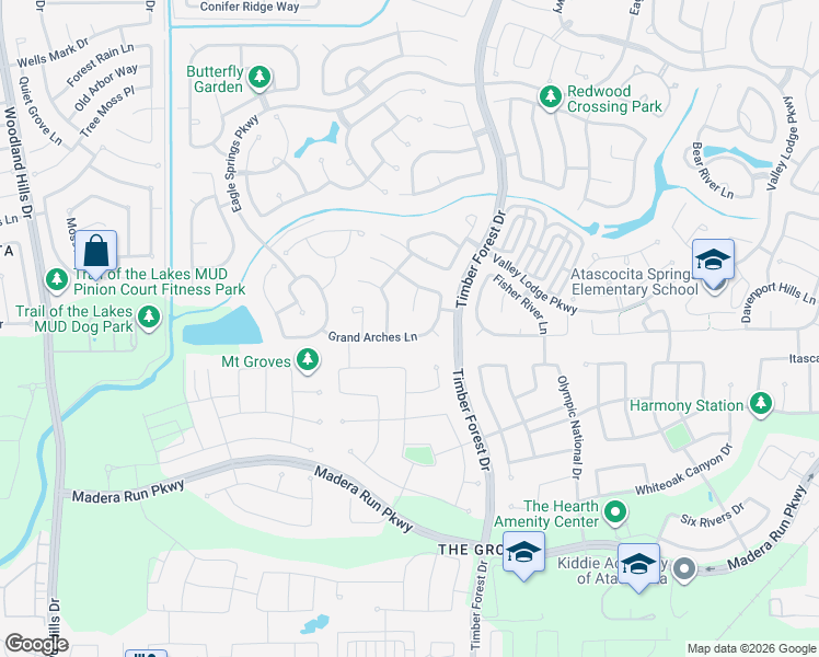 map of restaurants, bars, coffee shops, grocery stores, and more near 12323 Grand Arches Lane in Humble