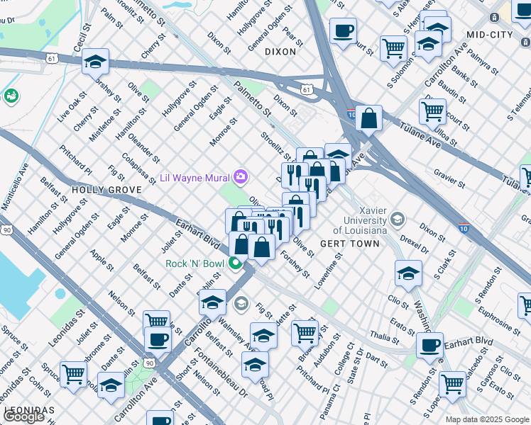 map of restaurants, bars, coffee shops, grocery stores, and more near 8248 Olive Street in New Orleans