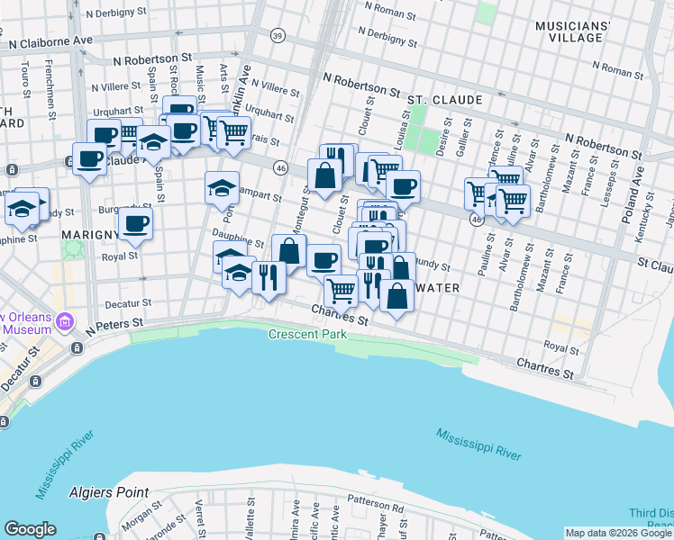 map of restaurants, bars, coffee shops, grocery stores, and more near 723 Clouet Street in New Orleans