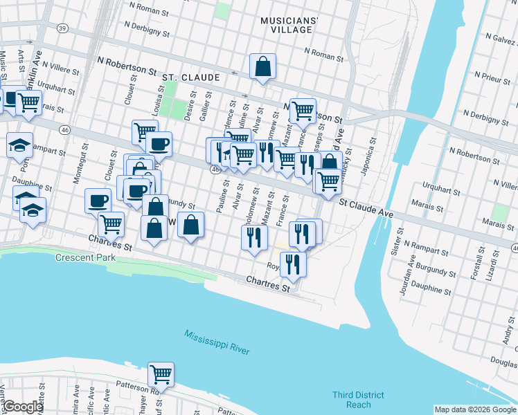 map of restaurants, bars, coffee shops, grocery stores, and more near 924 Bartholomew Street in New Orleans