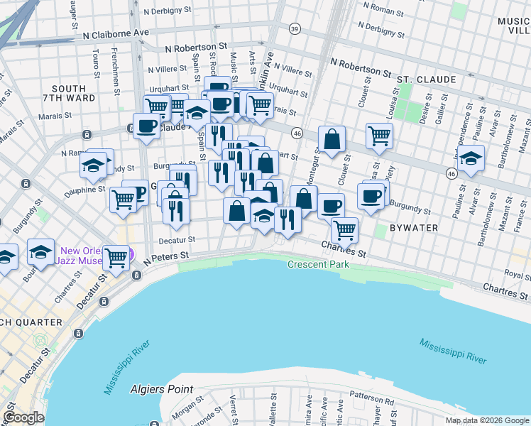 map of restaurants, bars, coffee shops, grocery stores, and more near 625 Saint Ferdinand Street in New Orleans