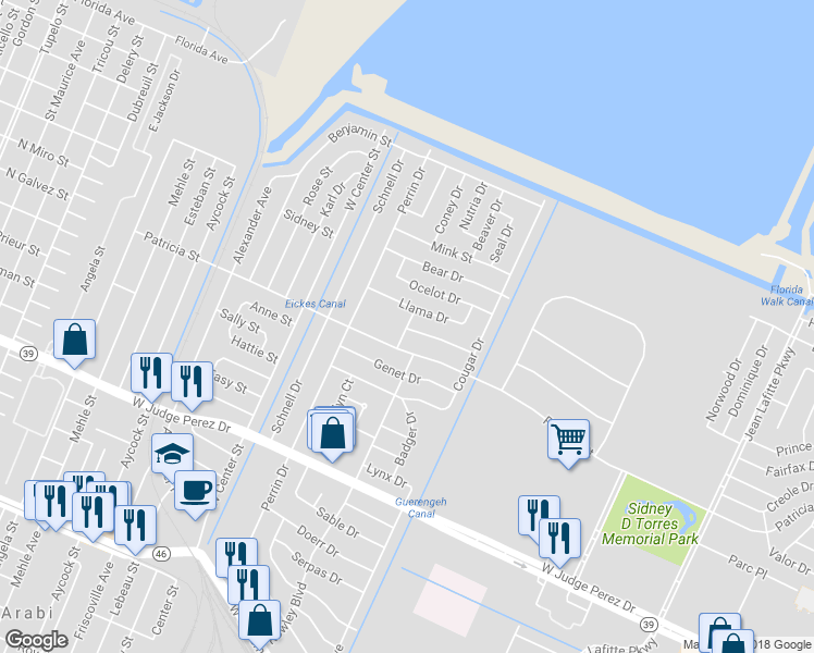 map of restaurants, bars, coffee shops, grocery stores, and more near 112 Puma Drive in Arabi