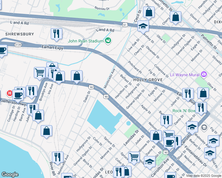 map of restaurants, bars, coffee shops, grocery stores, and more near 2432 Mistletoe Street in New Orleans