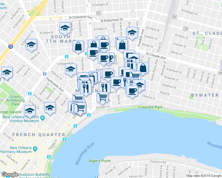 map of restaurants, bars, coffee shops, grocery stores, and more near 615 Mandeville Street in New Orleans