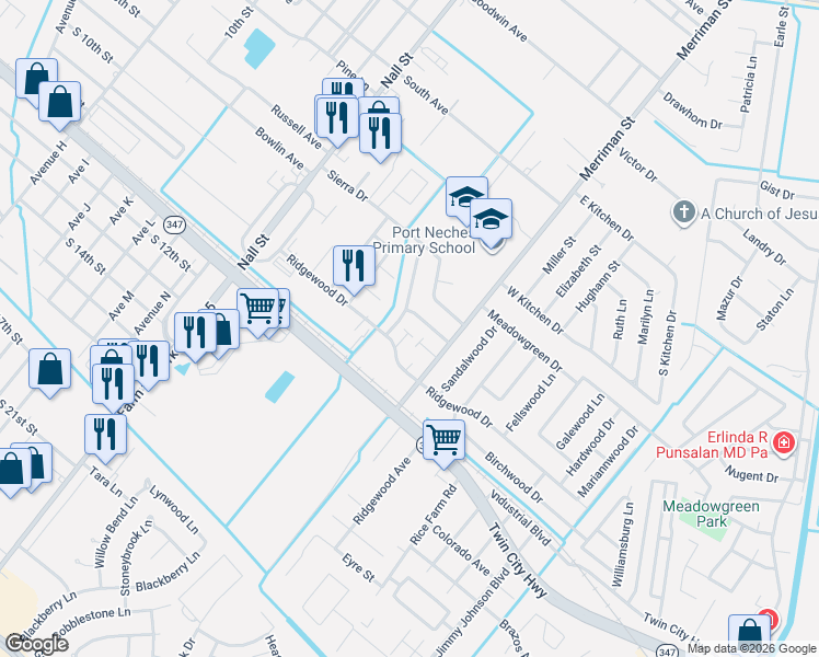 map of restaurants, bars, coffee shops, grocery stores, and more near 3176 Andes Drive in Port Neches