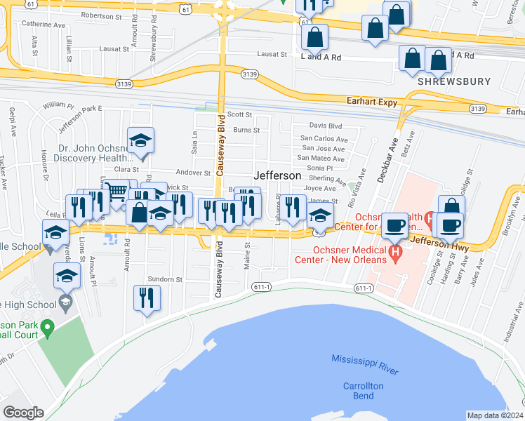 map of restaurants, bars, coffee shops, grocery stores, and more near 608 Lurline Drive in Jefferson