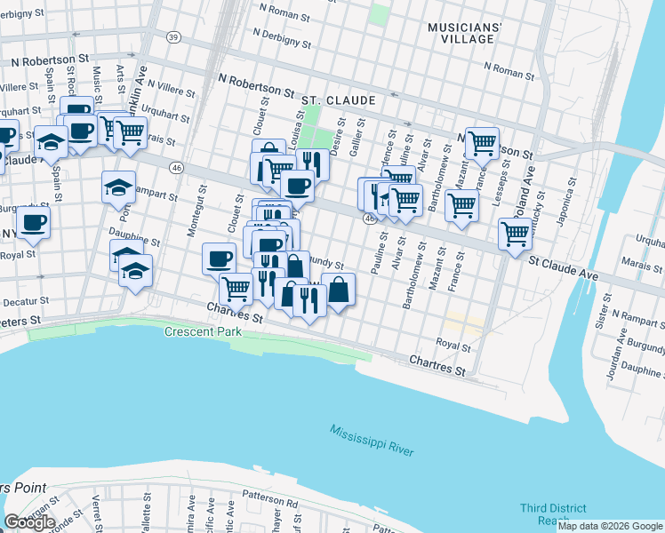 map of restaurants, bars, coffee shops, grocery stores, and more near in New Orleans