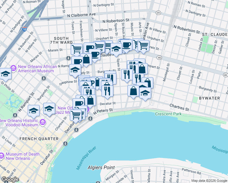 map of restaurants, bars, coffee shops, grocery stores, and more near 611 Mandeville Street in New Orleans