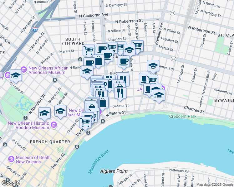 map of restaurants, bars, coffee shops, grocery stores, and more near 610 Marigny Street in New Orleans