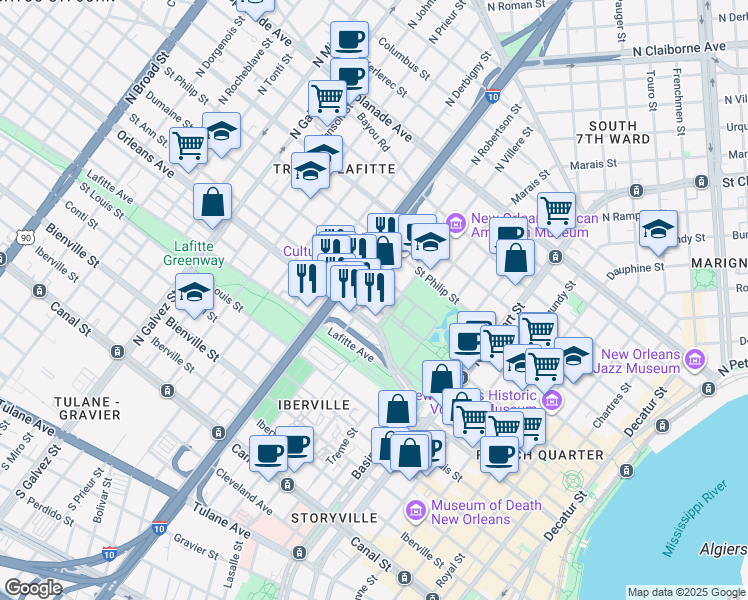 map of restaurants, bars, coffee shops, grocery stores, and more near 727 North Robertson Street in New Orleans