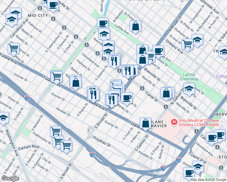 map of restaurants, bars, coffee shops, grocery stores, and more near in New Orleans