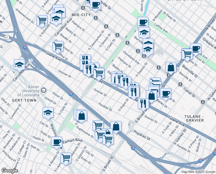 map of restaurants, bars, coffee shops, grocery stores, and more near 3130 Tulane Avenue in New Orleans