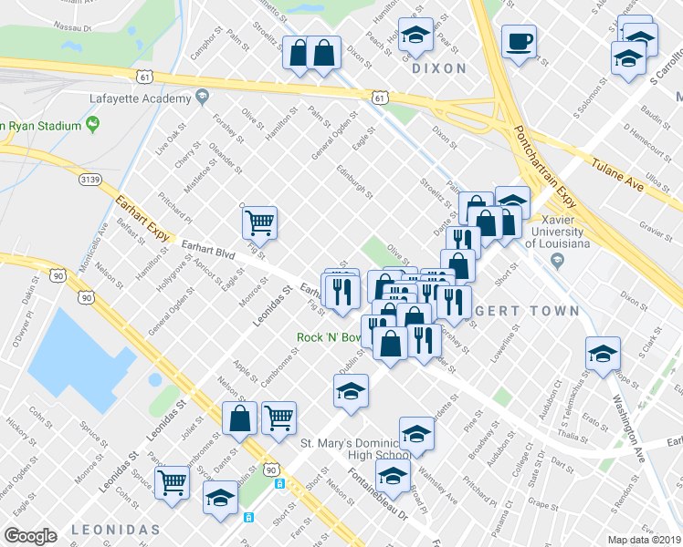 map of restaurants, bars, coffee shops, grocery stores, and more near 3109 Joliet Street in New Orleans