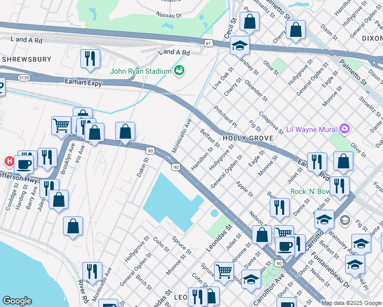 map of restaurants, bars, coffee shops, grocery stores, and more near 2432 Mistletoe Street in New Orleans