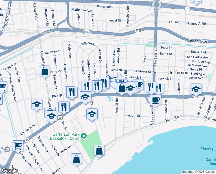 map of restaurants, bars, coffee shops, grocery stores, and more near 13 Williams Avenue in Jefferson