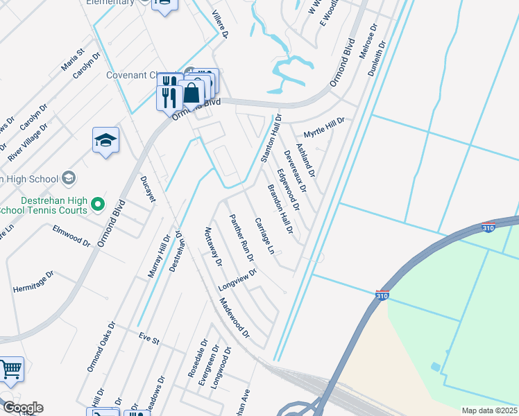 map of restaurants, bars, coffee shops, grocery stores, and more near 48 Carriage Lane in Destrehan