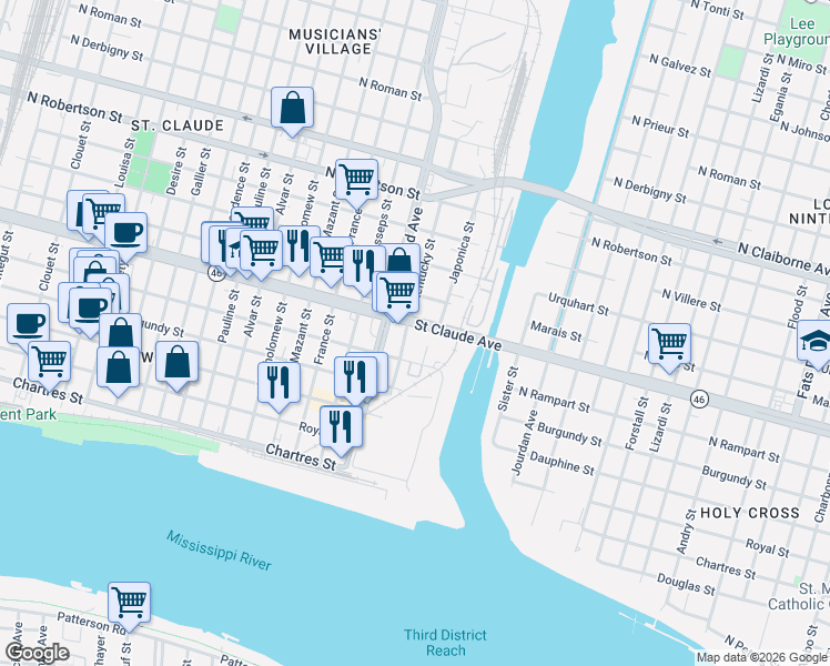 map of restaurants, bars, coffee shops, grocery stores, and more near 4518 Saint Claude Avenue in New Orleans
