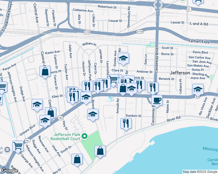 map of restaurants, bars, coffee shops, grocery stores, and more near 519 Lauricella Avenue in Jefferson