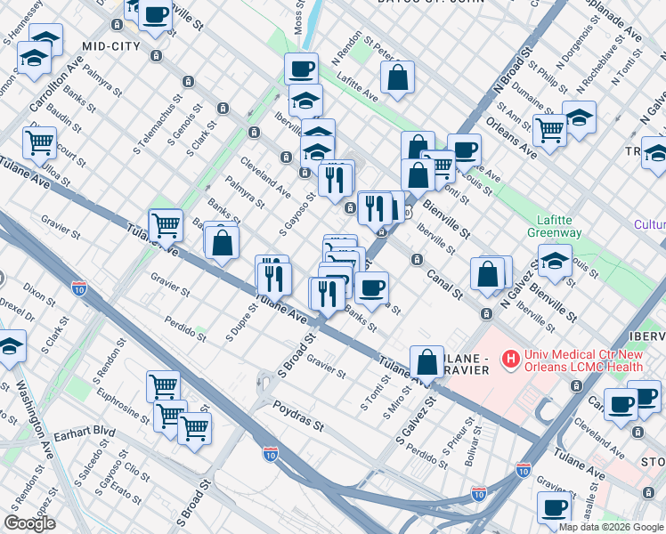 map of restaurants, bars, coffee shops, grocery stores, and more near in New Orleans