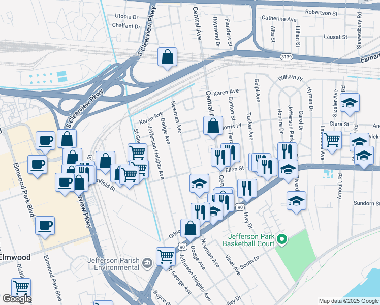 map of restaurants, bars, coffee shops, grocery stores, and more near 728 Newman Avenue in Jefferson