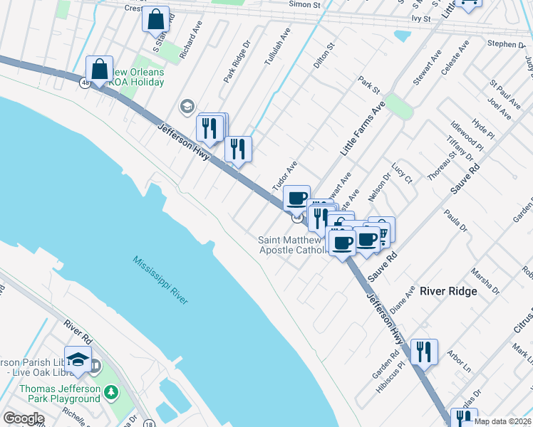 map of restaurants, bars, coffee shops, grocery stores, and more near 132 Joy Street in River Ridge