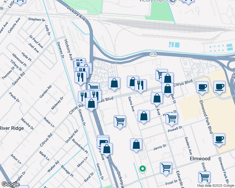 map of restaurants, bars, coffee shops, grocery stores, and more near 5801 Citrus Boulevard in New Orleans