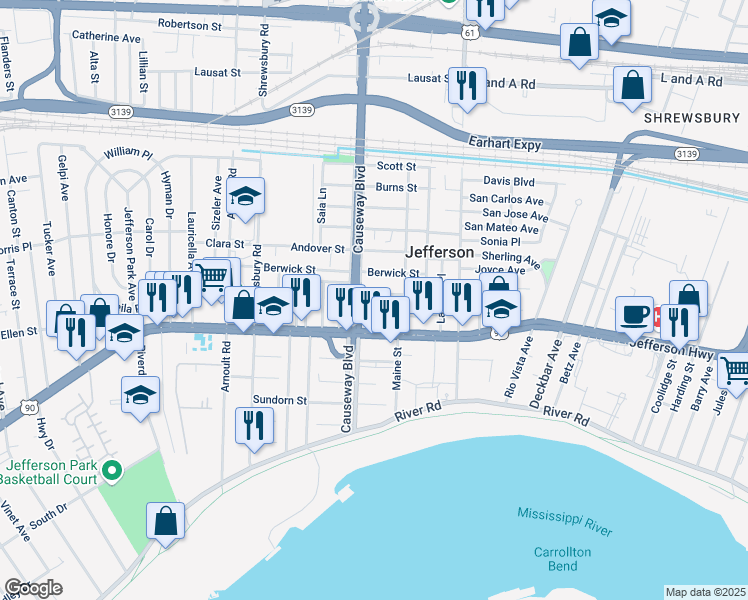 map of restaurants, bars, coffee shops, grocery stores, and more near 2917 Hawkston Street in Jefferson