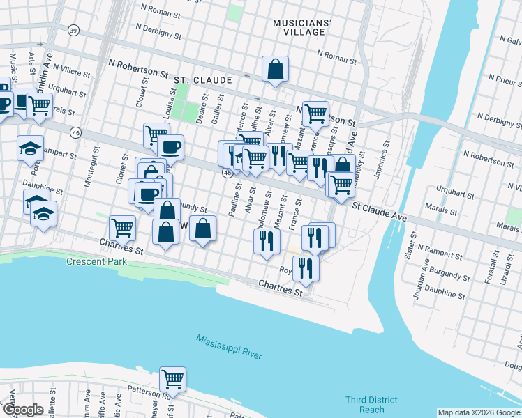 map of restaurants, bars, coffee shops, grocery stores, and more near 924 Bartholomew Street in New Orleans