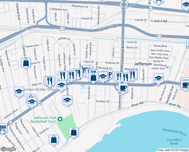 map of restaurants, bars, coffee shops, grocery stores, and more near 605 Arnoult Road in Jefferson