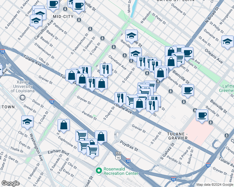 map of restaurants, bars, coffee shops, grocery stores, and more near 430 South Gayoso Street in New Orleans