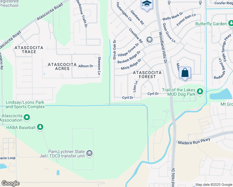 map of restaurants, bars, coffee shops, grocery stores, and more near 16611 Shrub Oak Drive in Humble