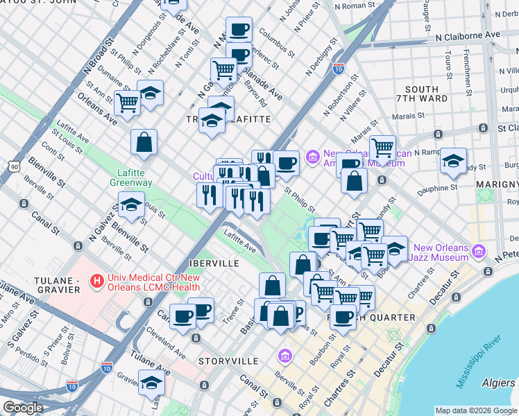 map of restaurants, bars, coffee shops, grocery stores, and more near 727 North Robertson Street in New Orleans