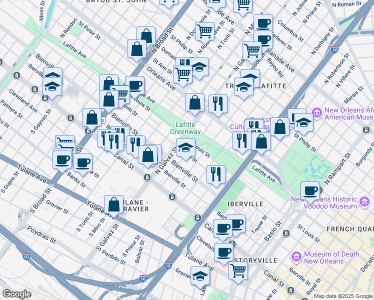 map of restaurants, bars, coffee shops, grocery stores, and more near 2106 Conti Street in New Orleans