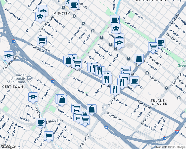 map of restaurants, bars, coffee shops, grocery stores, and more near 3013 Tulane Avenue in New Orleans