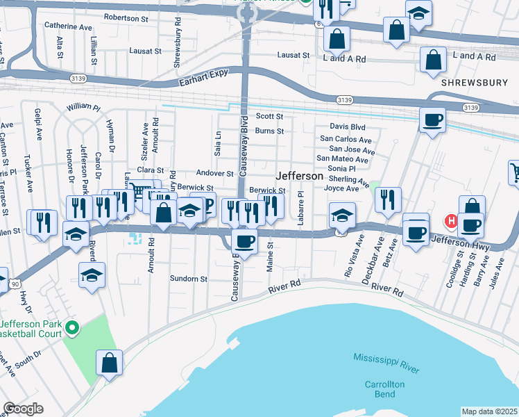 map of restaurants, bars, coffee shops, grocery stores, and more near 2917 Hawkston Street in Jefferson