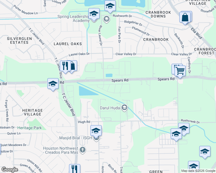 map of restaurants, bars, coffee shops, grocery stores, and more near 1363-1369 Spears Road in Houston