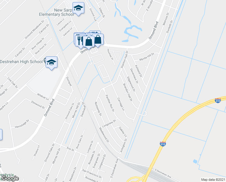 map of restaurants, bars, coffee shops, grocery stores, and more near 44 Carriage Lane in Destrehan